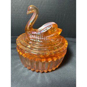 Opalescent Jeanette Glass Swan Covered Candy Powder Dish Carnival Glass 5”